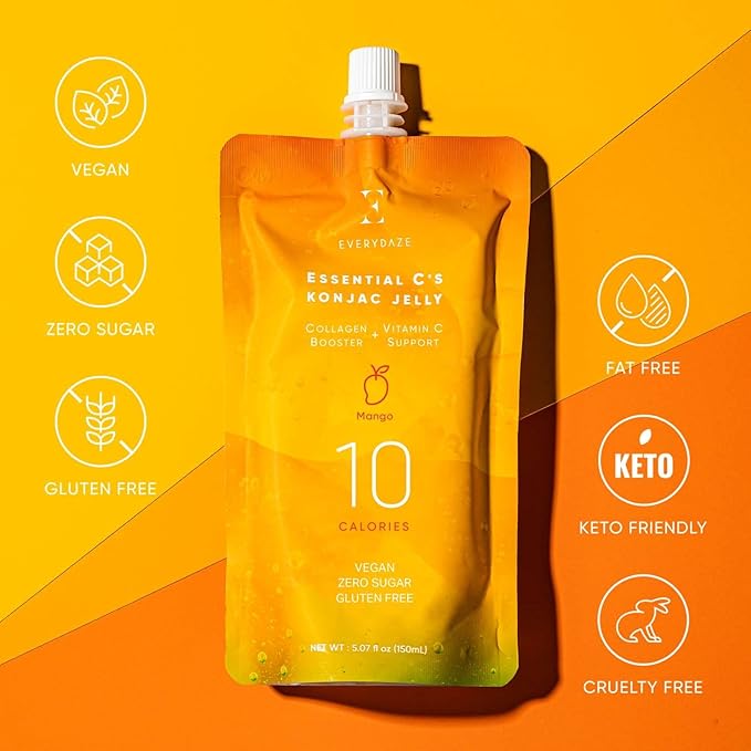 EVERYDAZE Essential C’s Konjac Jelly | Mango | Vegan Collagen Peptides and Vitamin C | Gluten Free, Sugar Free, Low Calorie | Healthy Drinkable Fruit Snack | 10 Pack Box Food Drink Pouch