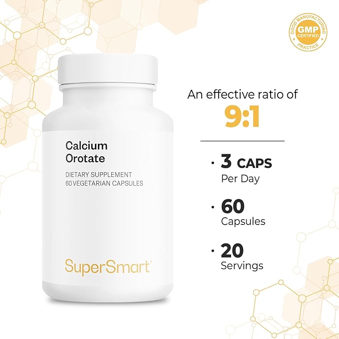 SuperSmart - Calcium Orotate with Magnesium Orotate 9:1 (Highly Bioavailable) - Advanced Teeth & Bones Strength Supplement | Non-GMO & Gluten Free - 60 Vegetarian Capsules