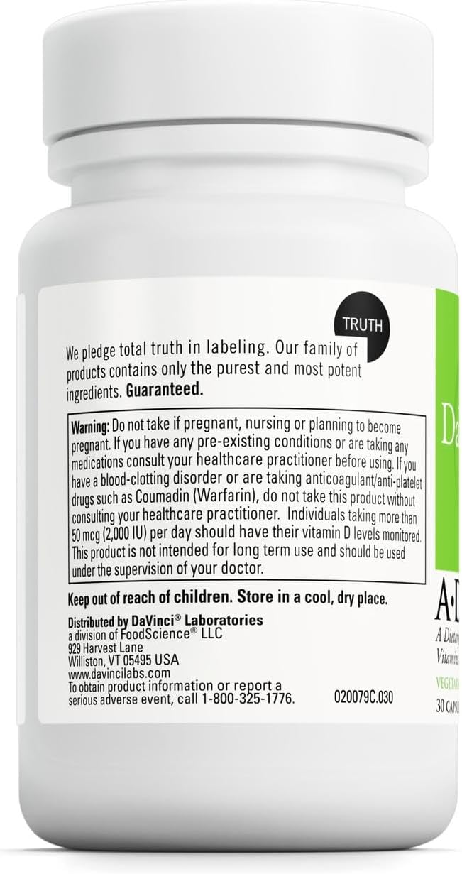 DAVINCI Labs ADK - Helps Support Bone, Heart & Immune Health* - Dietary Supplement with Vitamins A, D3 & K2 (as MK-7) - Vegetarian, Gluten Free & Soy Free - 30 Capsules