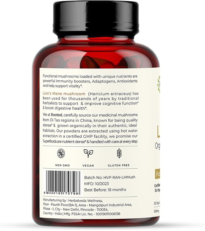 ROOTED Lions Mane Mushroom Extract Capsules (60 Veg 500 mg) 38% Beta