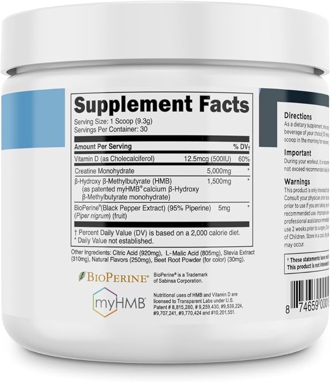 Transparent Labs Creatine HMB - Creatine Monohydrate Powder with HMB for Muscle Growth, Increased Strength, Enhanced Energy Output, and Improved Athletic Performance - 30 Servings, Watermelon