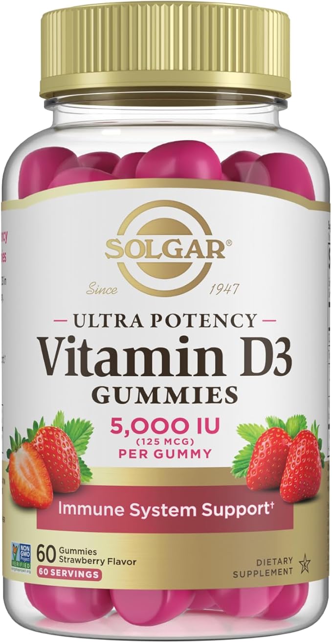 Solgar Vitamin D3 Gummies for Adults 5,000IU Ultra Potency Vitamin Immune System Support for Women & Men - Tasty Strawberry Flavor, Gluten & Gelatin Free Gummy, 2 Month Supply, 60 Servings, 2g Sugar