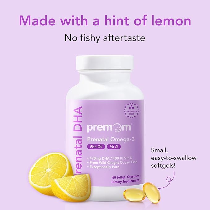 Premom Prenatal DHA Fish Oil: Triglyceride 3 with 470mg DHA, 200mg EPA 400 IU D3 Supplement