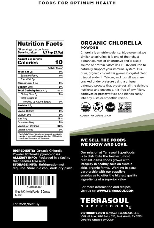 Terrasoul Superfoods Organic Chlorella Powder (Cracked Cell Walls), 6 Ounces