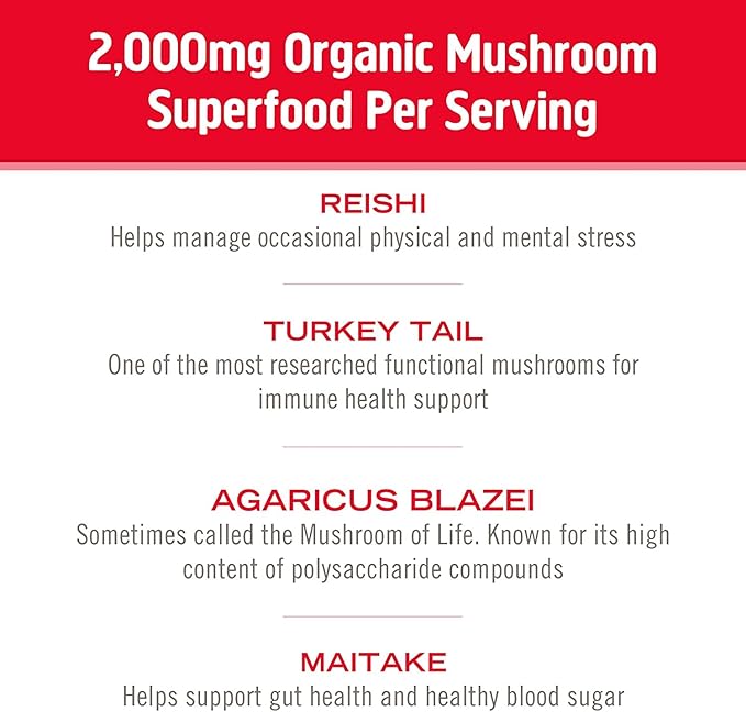 Om Mushroom Superfood Immune Defense Mushroom Capsules Superfood Supplement, 90 Count, 30 Days, Mushroom Blend, Reishi, Turkey Tail, Maitake, Agaricus Blazei, Vitamin C, Vegan