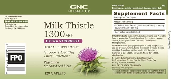 GNC Herbal Plus Milk Thistle 1300mg, 120 Caplets