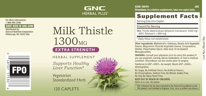 GNC Herbal Plus Milk Thistle 1300mg, 120 Caplets