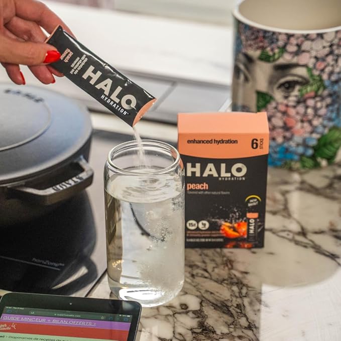Halo Hydration Electrolyte Powder Packets – Peach - 6 Servings (5g Each) - Organic Hydration Drink with Low Sugar + Essential Vitamins + Minerals - Vegan