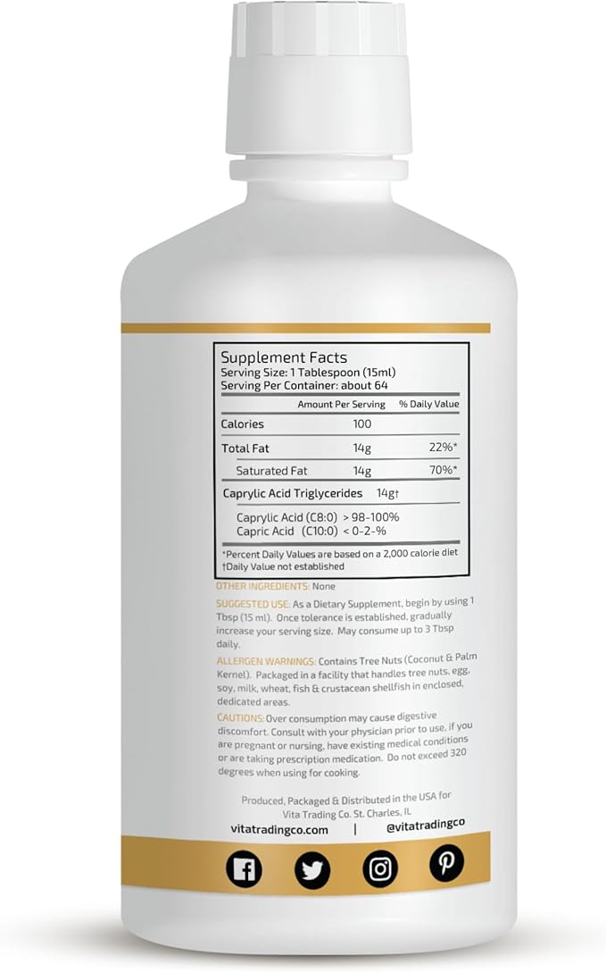 VTC VitaTradingCo. 100% Pure C8 MCT Oil | 3X Distilled Caprylic Acid | Healthy Fat for Clean Energy | Sustainably Sourced | Non-GMO, Paleo, Keto | 32oz, 64 Servings (Unflavored)