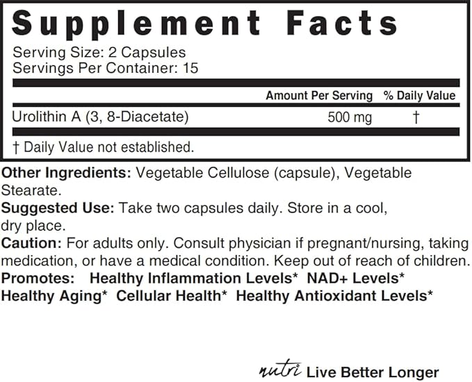 Nutri Urolithin A Supplement 500mg 3rd Party 500 mg 30 Vegan 2 Week+