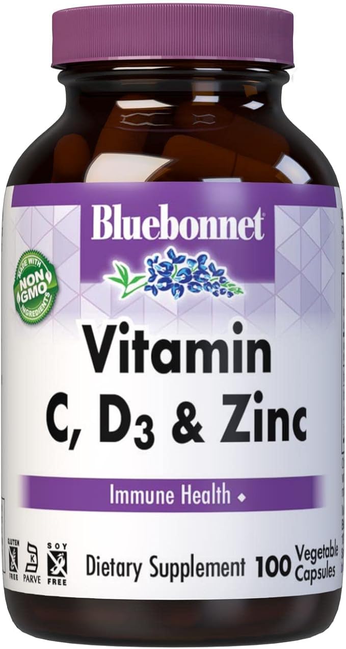 Bluebonnet Nutrition Vitamin C, D3 & Zinc, for Immune Health and Respiratory Function*, Soy-Free, Gluten-Free, Non-GMO, Kosher Certified, Dairy-Free, 100 Vegetable Capsules, 100 Servings