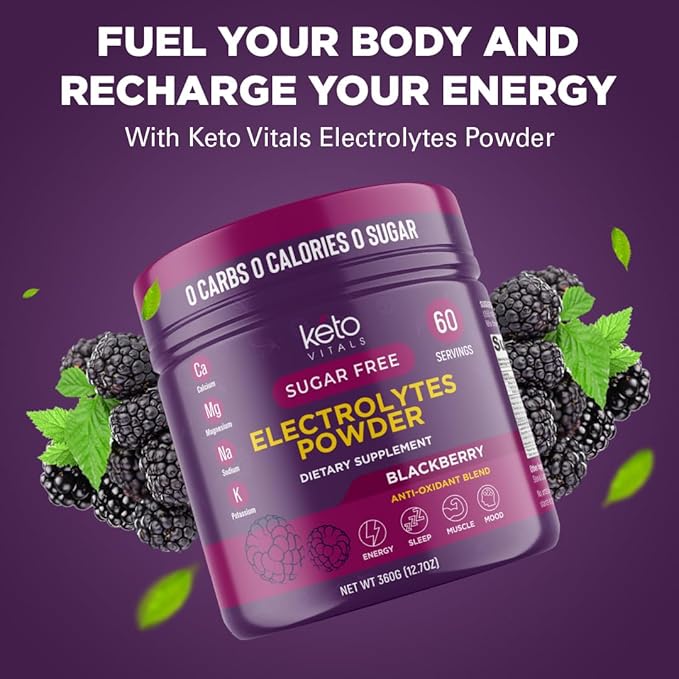 Keto Vitals Electrolytes Powder - Antioxidant Blend Keto Electrolytes Powder with Potassium, Magnesium, Sodium, & Calcium - No Sugar Electrolyte Drink Mix & Hydration Powder, 60 Servings, BlackBerry