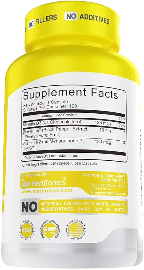 Immune System Support Vitamin K2 (MK7) with D3 5000 Iu Supplement + Bioperine (Black Pepper) | Strong Bones & Heart Health | K2 D3 Complex | Easy to Swallow 120 Veg Capsules