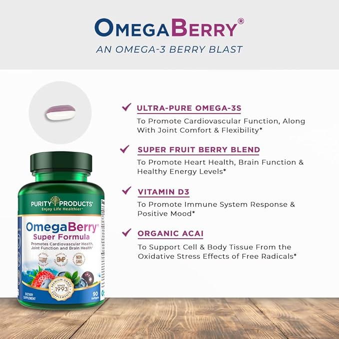 Purity Products OmegaBerry Fish Oil w/Vitamin D3 + 1875 mg Omega-3s 1080 1080 mg 720mg DHA 120 mg 90 Count