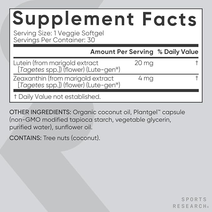 Sports Research Vegan Lutein + Zeaxanthin (20mg) with (30 Softgels)