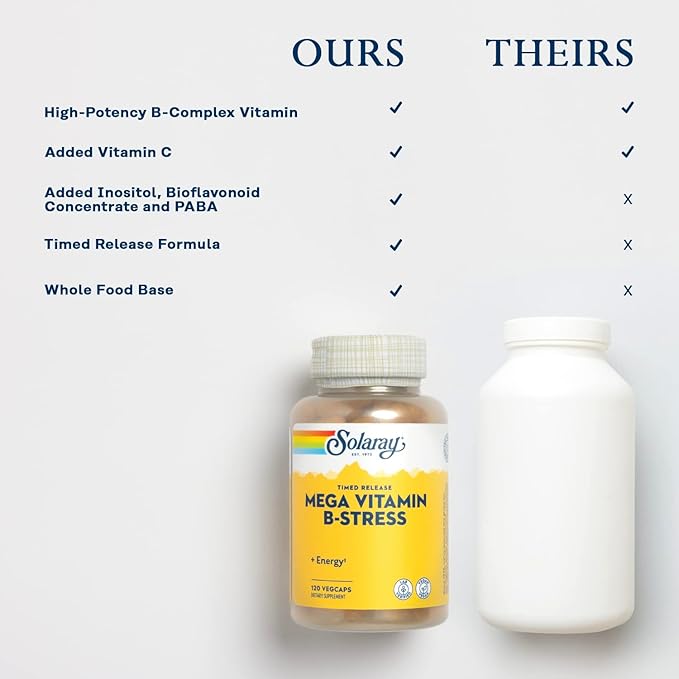 Solaray Mega Vitamin B-Stress, Timed-Release Vitamin 1000 mg 60 Day 40 Servings, 120 VegCaps