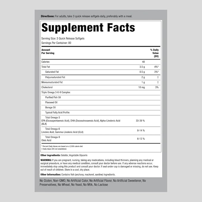 Piping Rock Omega 3 6 9 Supplements 3600mg | 240 Softgel