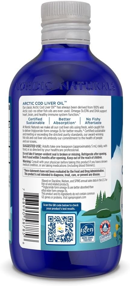 Nordic Naturals Arctic Cod Liver Oil, Lemon - 8 oz - 1060 mg Total Omega-3s with EPA & DHA - Heart & Brain Health, Healthy Immunity, Overall Wellness - Non-GMO - 48 Servings