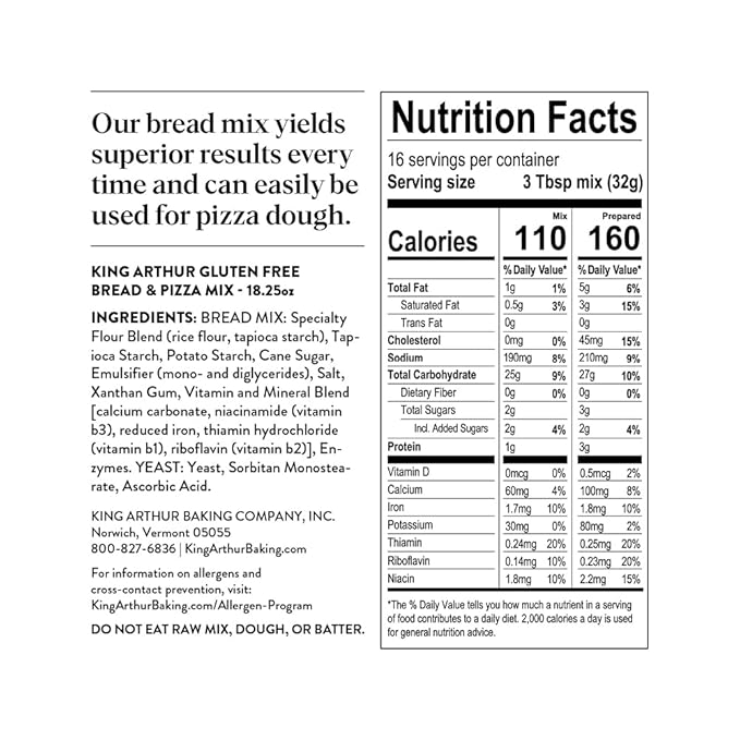 King Arthur, Gluten-Free Bread and Pizza Mix, Gluten-Free, Non-GMO Project Verified, Certified Kosher, 18.25 Ounces (Pack of 2)