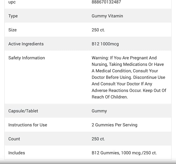 Berkley Jensen Vitamin B12 Gummies, 1000 250 Count