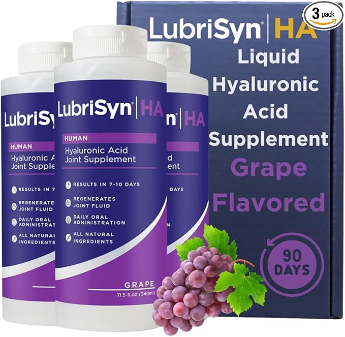 LubriSynHA Human Joint Supplement, Grape 3 x 11.5oz – All-Natural, High-Molecular Weight Hyaluronic Acid HA - Joint Support for Women & Men – Promotes Healthy Joint Function, Made in USA, Vegan