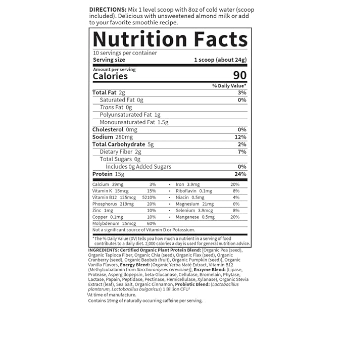 Garden of Life Organic Plant Protein 10 Servings B12, Probiotics 15g Protein