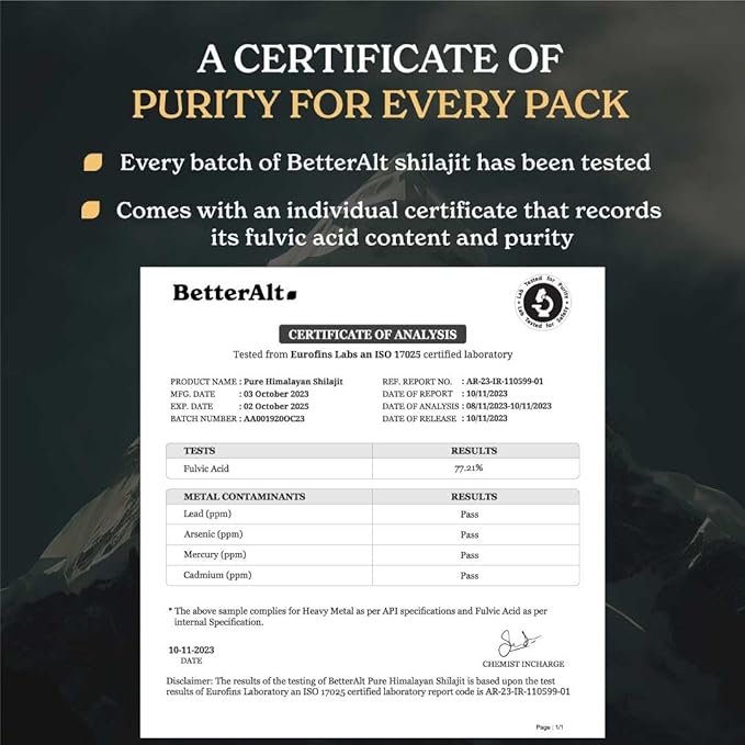 BetterAlt Pure Himalayan Shilajit Resin Pack of 2 High Potency Gold Grade 150 Servings for Energy Boost & Immune Support, 85+ Trace Minerals, 75%+ Fulvic Acid, with Lab Test Report,400 mg
