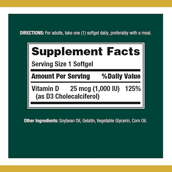 Nature's Bounty Vitamin D3, 1000IU, High 120 Softgels, 4