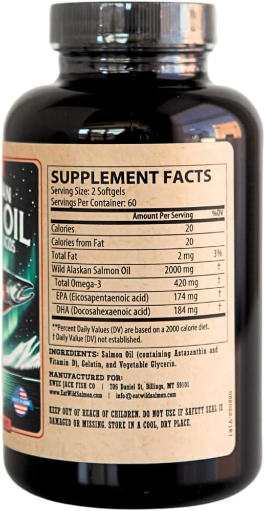 Wild Alaskan Salmon Fish Oil Omega 3 Supplement 120 Softgels 1000mg Salmon