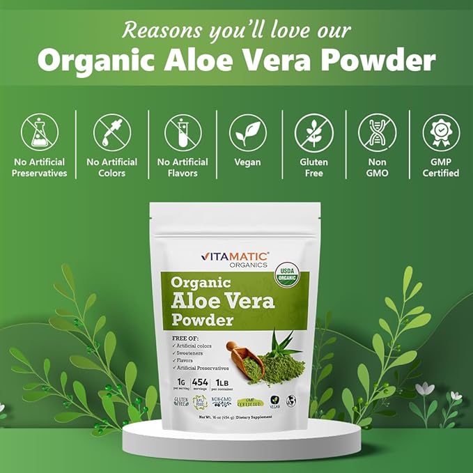 Vitamatic Certified USDA Organic Aloe Vera 1 Pound (16 Ounce)