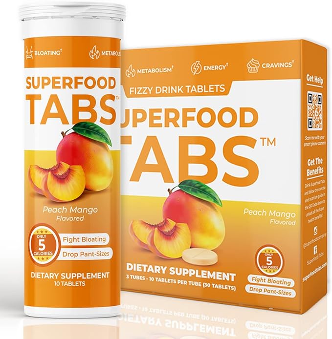 skinnytabs Anti-Bloat Cleanse Drink with 15 Superfoods | Supports Digestion, Energy & Cravings | Vegan, Non-GMO | 30 Effervescent Tabs ā Peach Mango Flavor