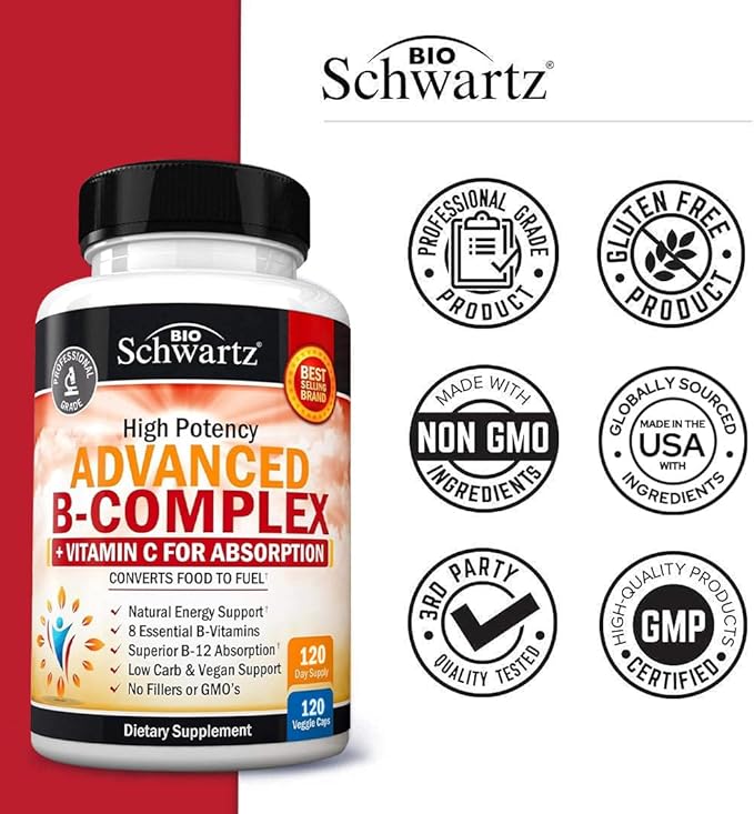 Vitamin B Complex with Vitamin C b12 & B1 B2 B2 B3 B3 B5 B5 B6 B6 B7 B7 B9 B9 for 120ct
