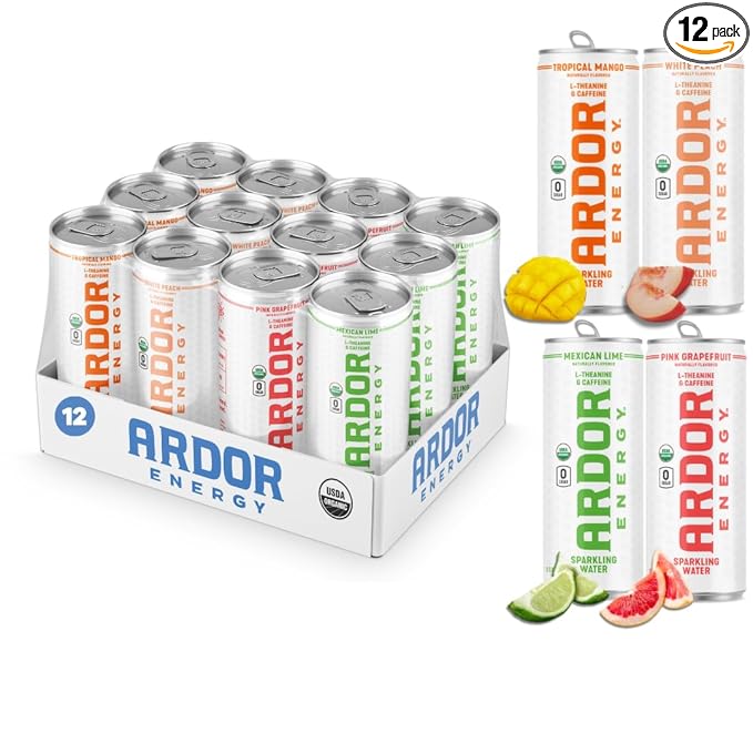 ARDOR ENERGY Sparkling Water TROPICAL variety 12 pack with 100mg Organic Caffeine from Green Tea & 200mg Organic L-Theanine (Focus & Calm). No Sugar. No Calories. Vegan. Gluten Free.