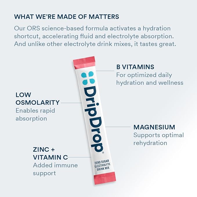 DripDrop Hydration - Zero Sugar Watermelon - Electrolyte Drink Mix Single Serve Powder Packets | Non-GMO, Gluten Free, Vegan | 32 Sticks