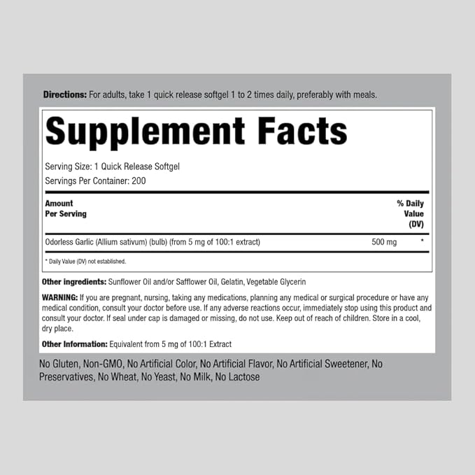 Piping Rock Odorless Garlic Softgels 500mg | 200 Pills