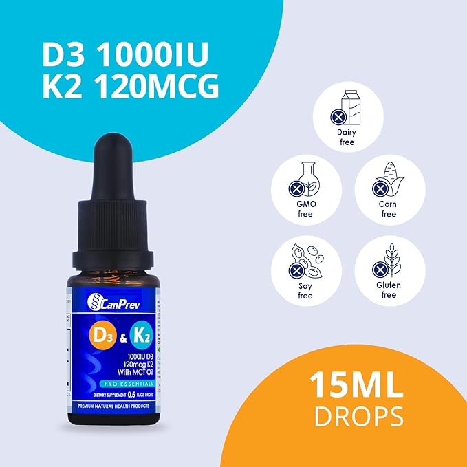 CanPrev D3 & K2 Drops - MCT Oil Base, 15ml Liquid Vitamin Supplement, 450 Drops with 250IU D3 & 30mcg MK-7 K2, Supports Strong Bones & Teeth, Easy-to-Take Formula, Free from Gluten, Dairy, Soy & Sugar