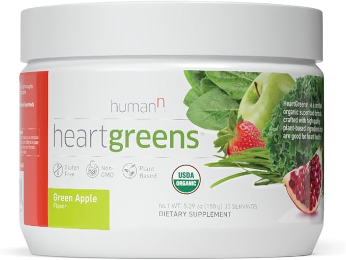 humanN HeartGreens | Superfood Organic Powder with Wheatgrass, Kale, Spinach, and Spirulina, USDA Organic Non-GMO, from The Makers of SuperBeets (Green Apple Flavor, 5.29-Ounce