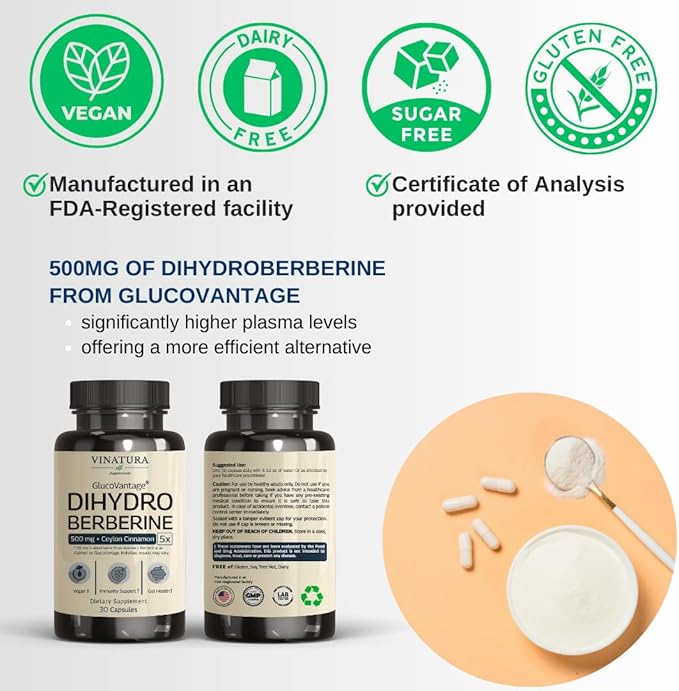 Dihydroberberine Supplement 500mg with Ceylon Cinnamon - (Patented GlucoVantage Super Berberine), Maybe Berberine 5X More absorbable - 30 Capsules
