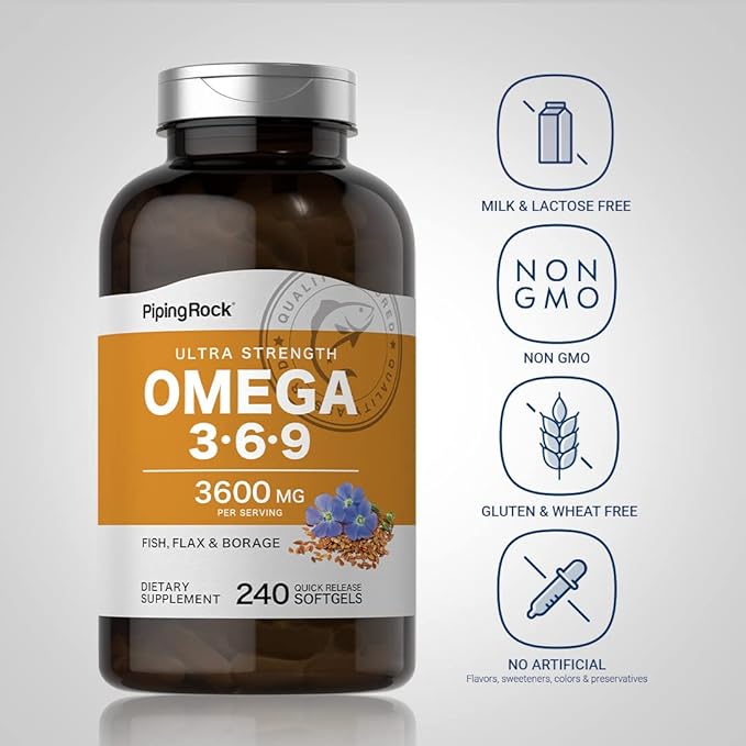 Piping Rock Omega 3 6 9 Supplements 3600mg | 240 Softgel