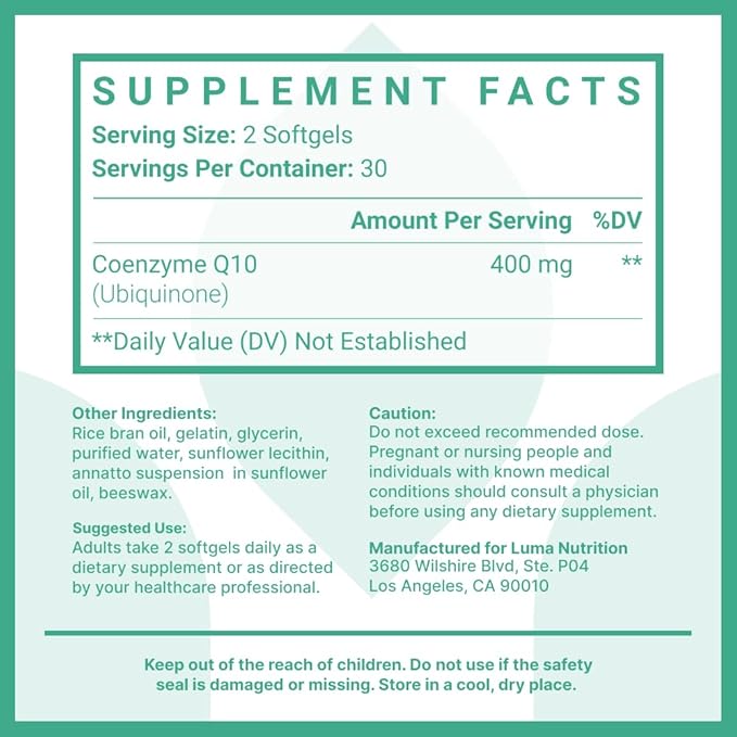 Luma Nutrition CoQ10 400mg Softgels Q10 - Q-10 200mg 200mg Softgel 400mg Per 60 Liquid