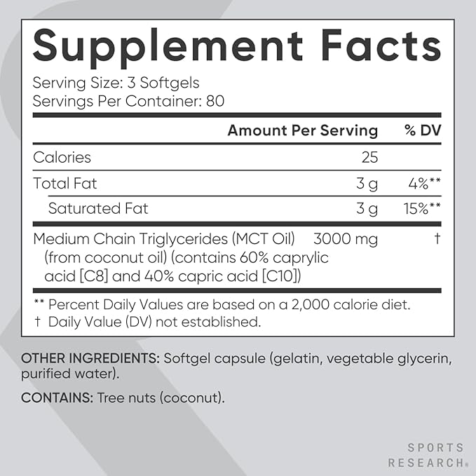 Sports Research Keto MCT Oil Pills from Coconut Oil | Keto Fuel for The Brain & Body - Non-GMO Verified, Soy & Gluten Free Liquid Softgels (240 Count)