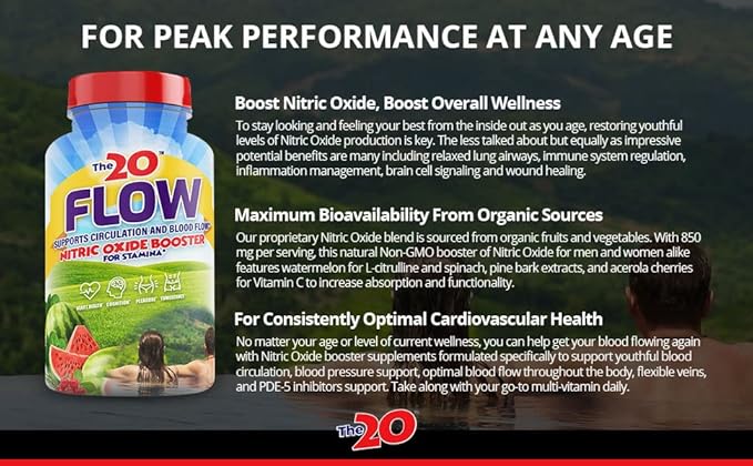Flow - Nitric Oxide Supplement - 60 Capsules - L-Citrulline from Organic Watermelon, Organic Spinach, and Organic Acerola Cherries - for Heart, Brain, and Overall Health - No Gluten