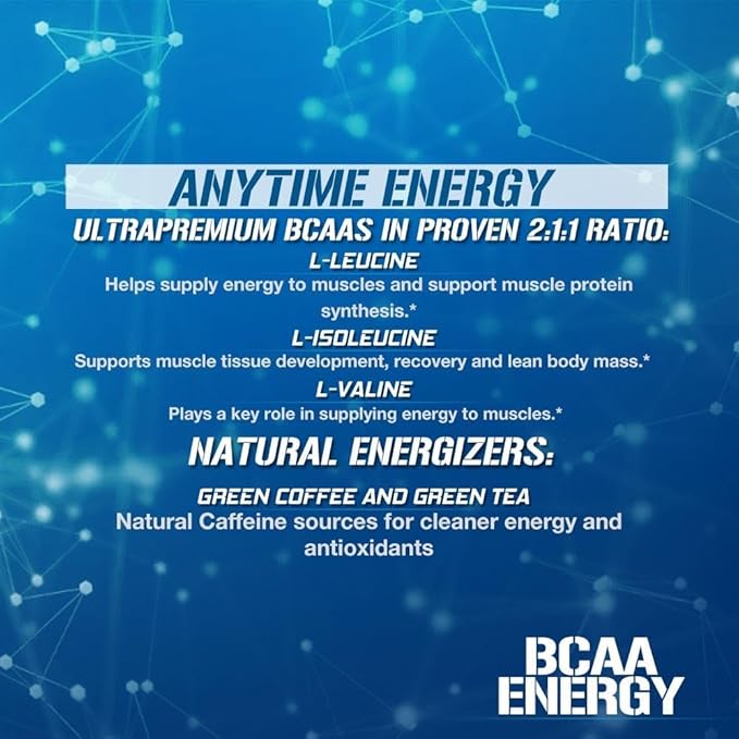 EVL BCAAs Amino Acids Powder - BCAA Energy Pre Workout Powder for Muscle Recovery Lean Growth and Endurance - Rehydrating BCAA Powder Post Workout Recovery Drink with Natural Caffeine - Blue Raz