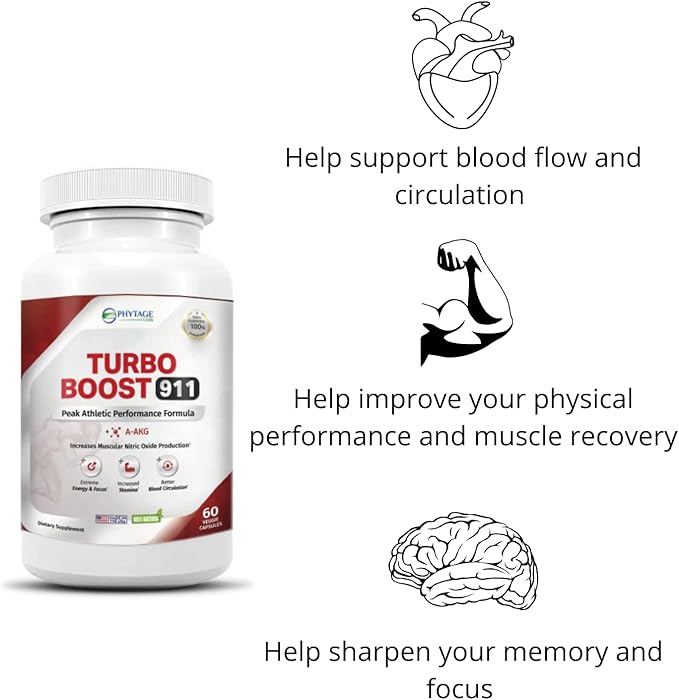 Turbo Boost 911 Nitric Oxide Booster, Circulation, Energy Boost, Mental Focus (N-O) Supplement – 60 Capsules