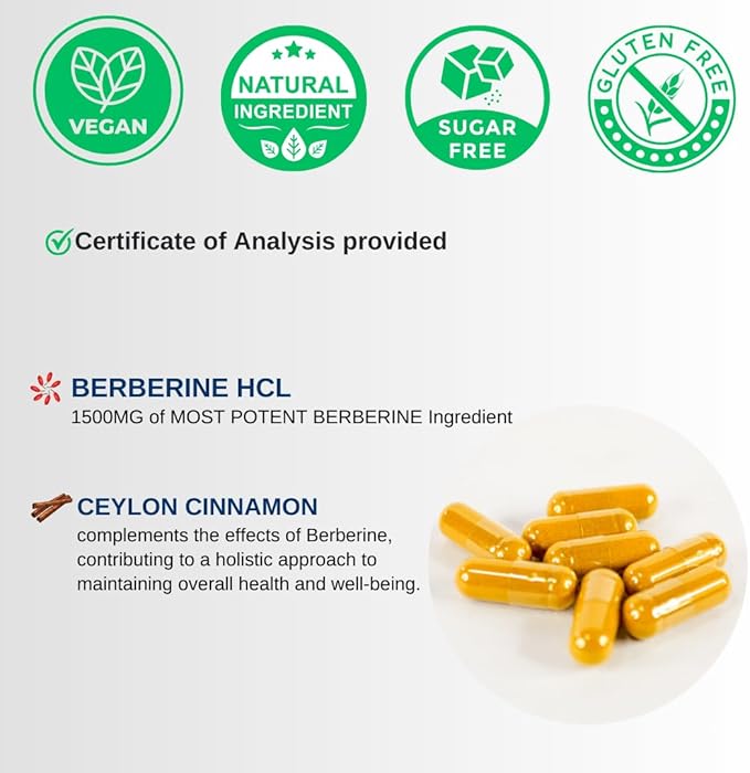 Berberine 1500mg - Berberine Supplement with Ceylon Cinnamon, Max Potency Berberine HCL - 90 Capsules