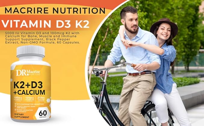 Vitamin D3 K2, 5000 IU Vitamin D3 and 100mcg K2 K2 with 60 Capsules.