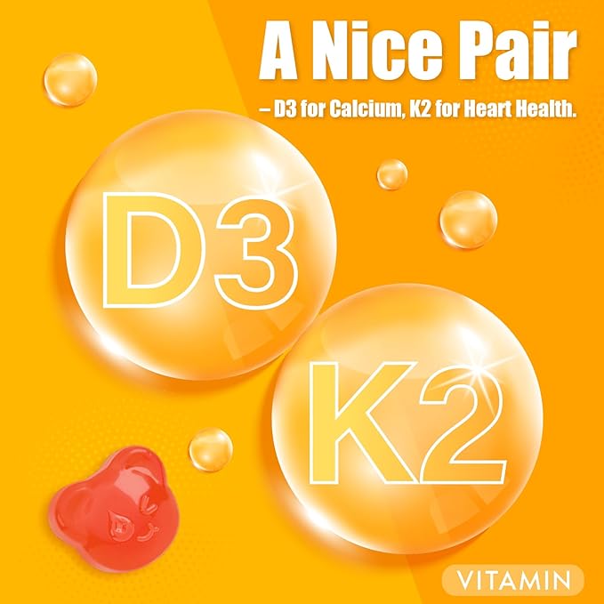 Natural Vitamin D3 K2 Gummies, 2000 IU Vitamin D3 & 100 mcg Vitamin K2,Supports Healthy Bone, Immune Health Supplement, GMO Free, Gluten Free, Strawberry Flavor, 60 Count