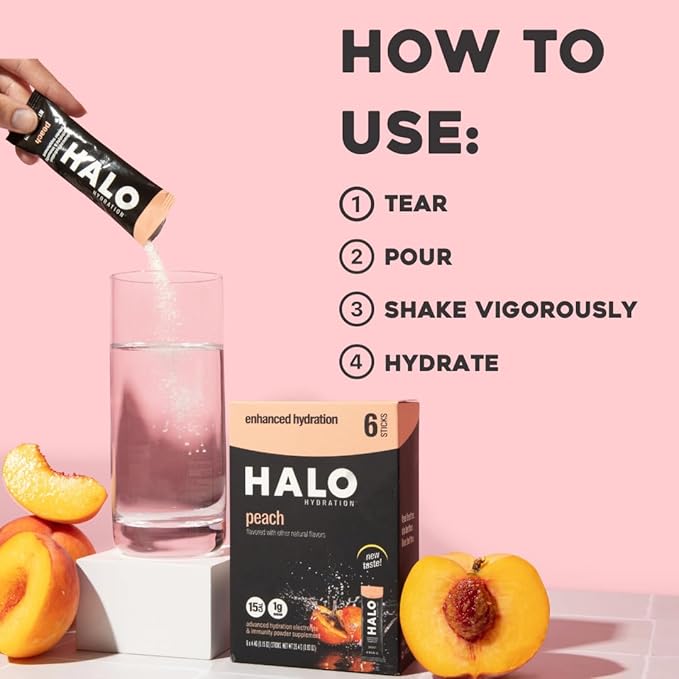 Halo Hydration Electrolyte Powder Packets – Peach - 6 Servings (5g Each) - Organic Hydration Drink with Low Sugar + Essential Vitamins + Minerals - Vegan