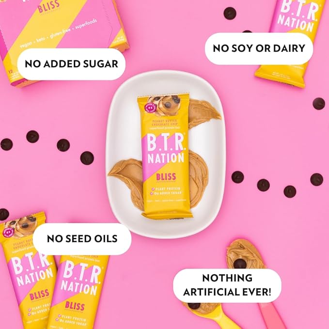 Vegan Keto Superfood Protein Bars, by B.T.R. - Low Carb, Plant Based, Gluten Free |12 Bars| Free of Sugar Alcohols & Boosted with Powerful Superfoods! (Peanut Butter Chocolate Chip BLISS)