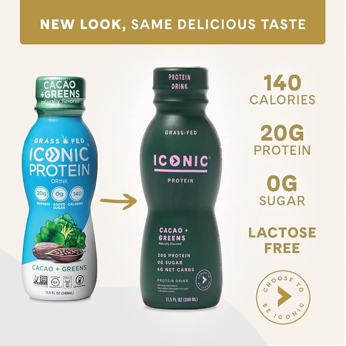 Iconic Protein Drinks, Cacao + Greens (12 Pack) - Sugarfree Protein Shakes with Organic Veggies & Unroasted Cacao - Low Carb, Lactose Free, Gluten Free, Soy Free - Keto Friendly